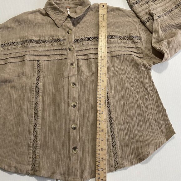 Free People Summer Stars Puffy-Sleeve Button Down Crochet Trim Top XS Brown - Picture 6 of 16
